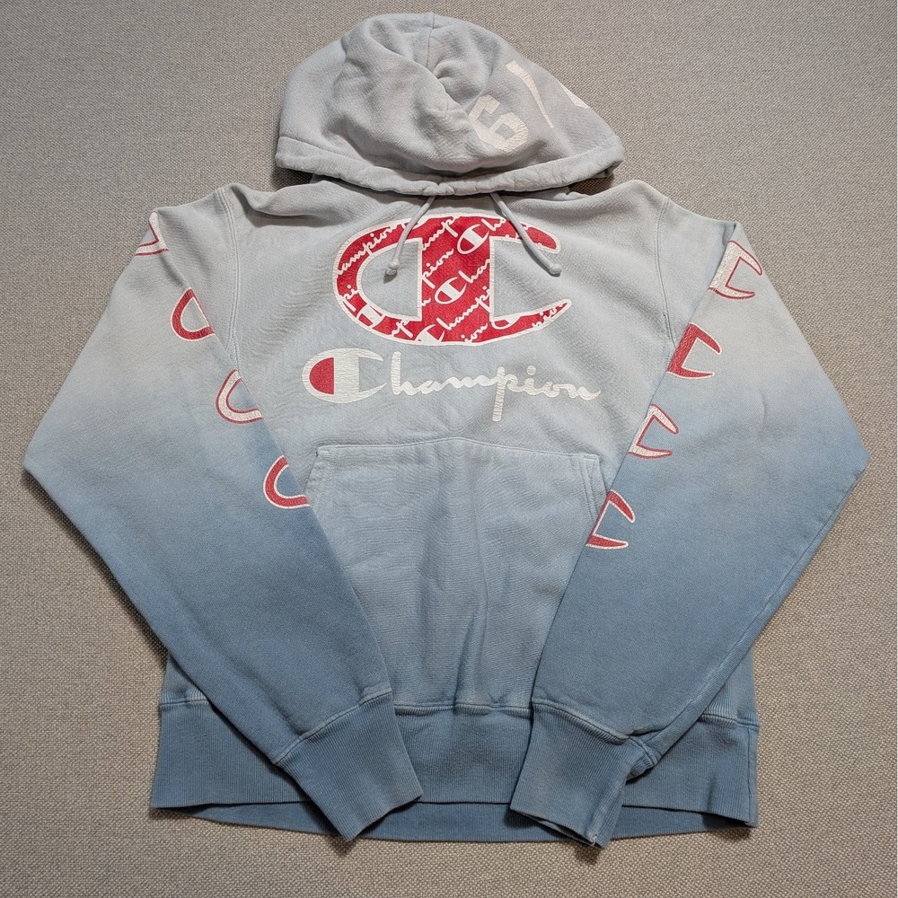 Champion Reverse Weave Men's Hoodie Small Blue Ombre All Over Print Logo
